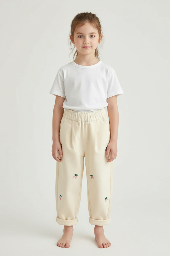 Pantalon Beige Ample Coton Brodé Cerises Enfant - Molleton