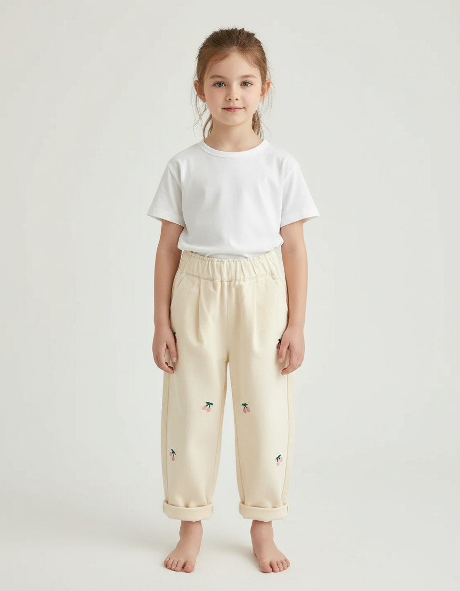 Pantalon Beige Ample Coton Brodé Cerises Enfant - Molleton