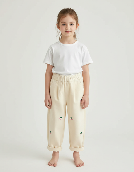 Pantalon Beige Ample Coton Brodé Cerises Enfant - Molleton