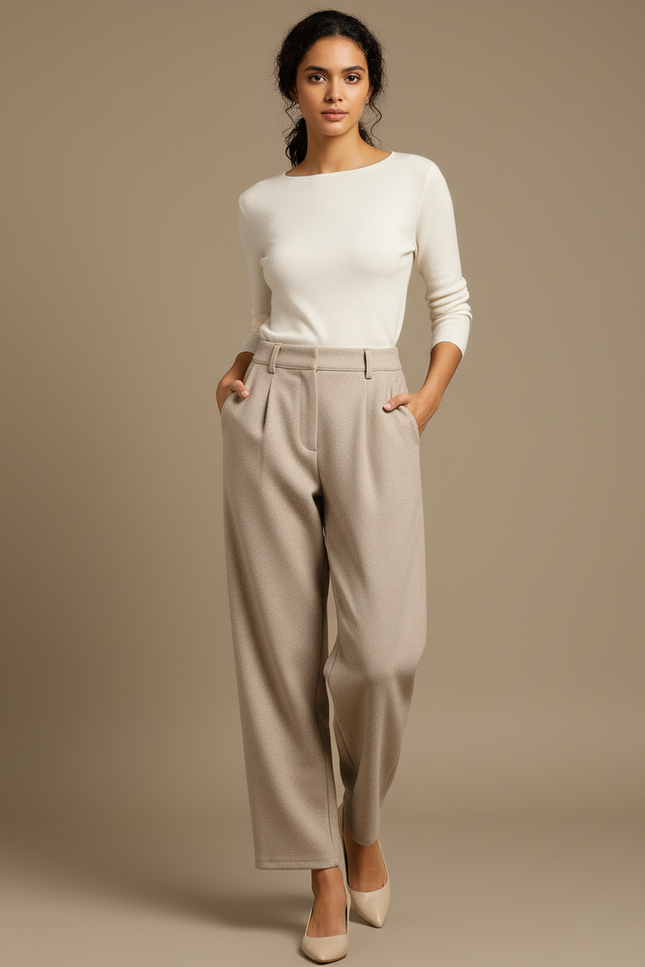 Pantalon Beige Ample Plissé Laine Épais Élégant Femme - Tweed