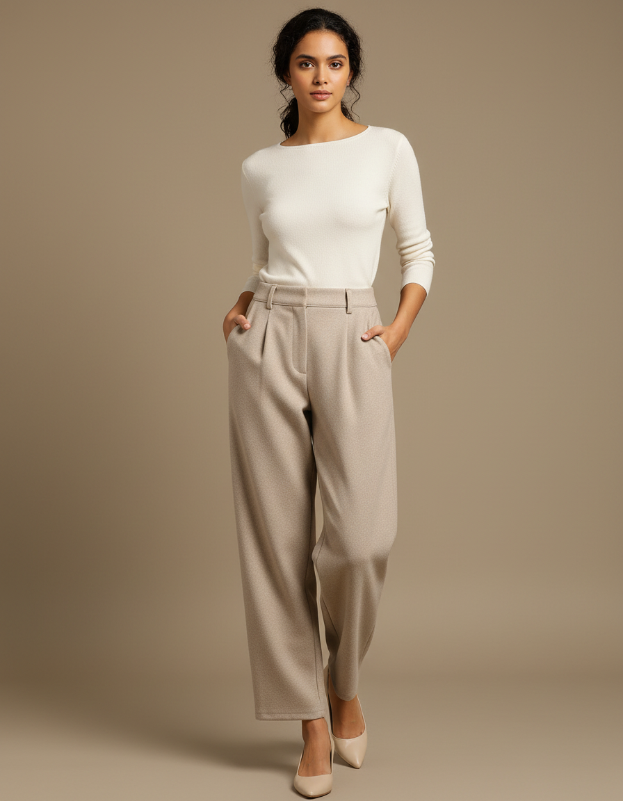 Pantalon Beige Ample Plissé Laine Épais Élégant Femme - Tweed