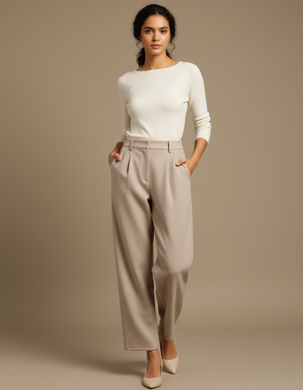 Pantalon Beige Ample Plissé Laine Épais Élégant Femme - Tweed