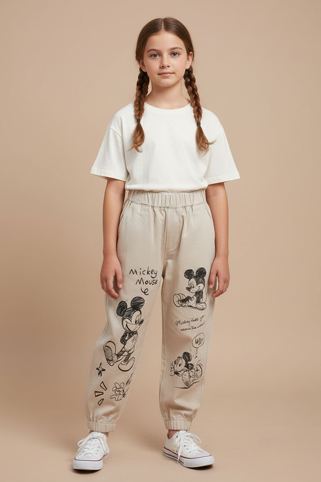 Pantalon Beige Coton Ample Mickey Enfant Décontracté