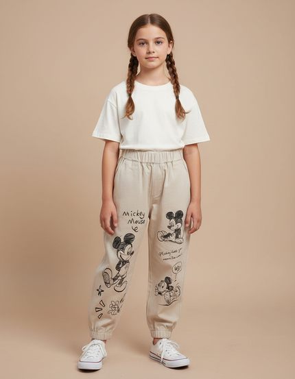 Pantalon Beige Coton Ample Mickey Enfant Décontracté