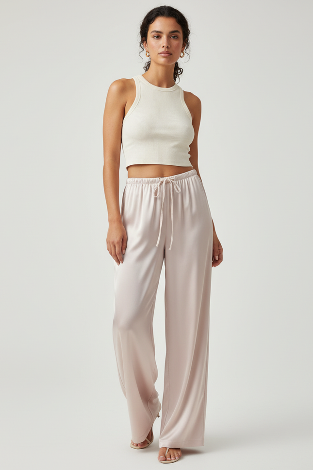 Pantalon Beige Satiné Fluide Ample Taille Haute
