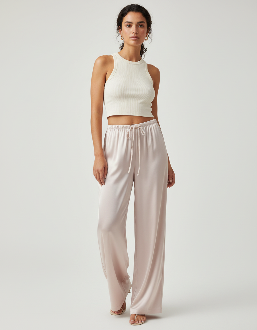 Pantalon Beige Satiné Fluide Ample Taille Haute