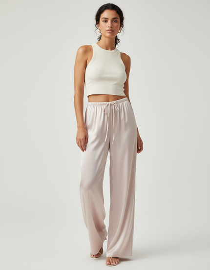 Pantalon Beige Satiné Fluide Ample Taille Haute