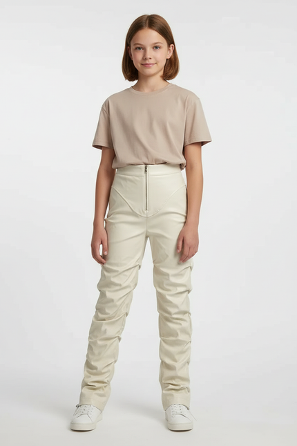 Pantalon Beige Similicuir Froncé Taille Haute Zippé - Simili cuir