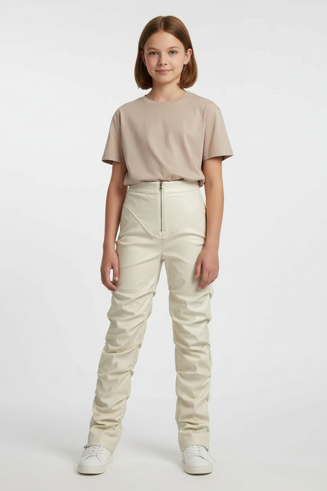 Pantalon Beige Similicuir Froncé Taille Haute Zippé - Simili cuir