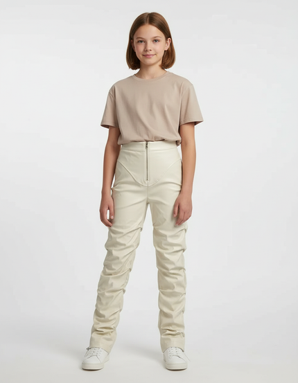 Pantalon Beige Similicuir Froncé Taille Haute Zippé - Simili cuir