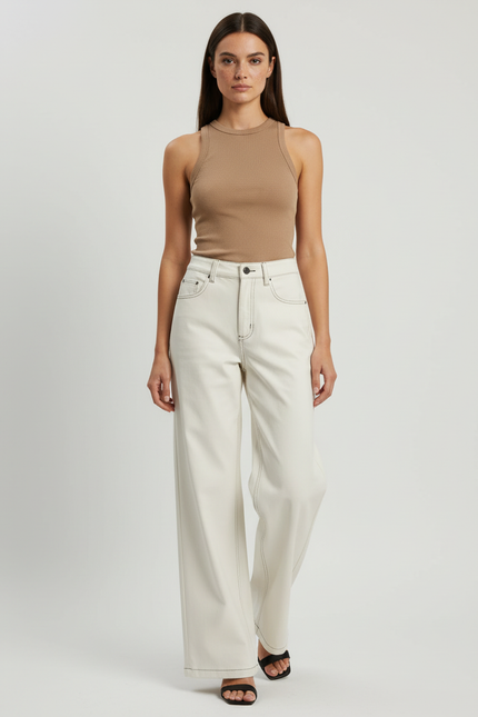 Pantalon Beige Écru Large Coton Droit Élégant Femme - Jean