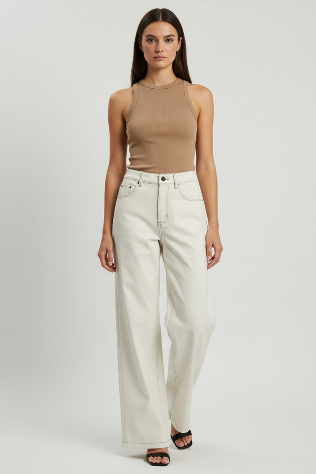Pantalon Beige Écru Large Coton Droit Élégant Femme - Jean