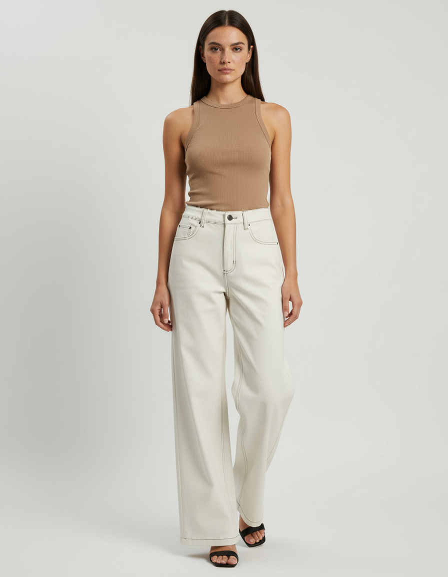 Pantalon Beige Écru Large Coton Droit Élégant Femme - Jean