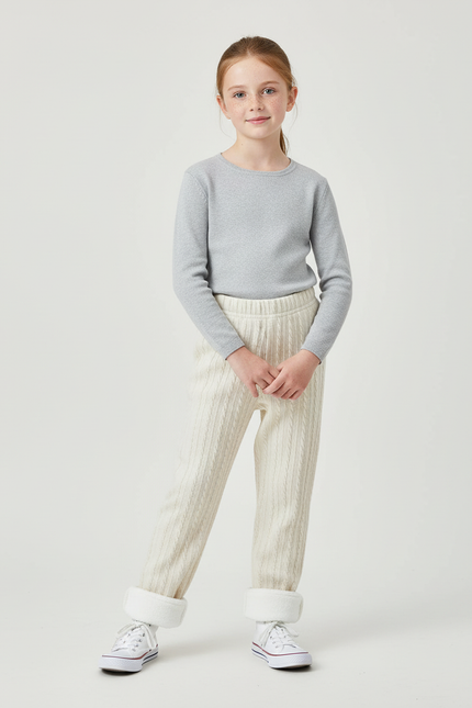Pantalon Beige Fille Tricoté Jacquard Chaud Hiver - Maille