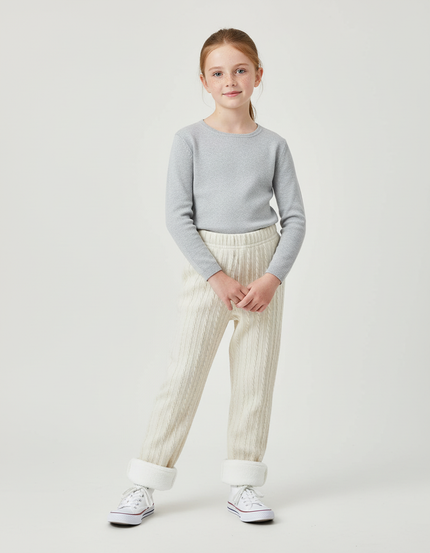 Pantalon Beige Fille Tricoté Jacquard Chaud Hiver - Maille