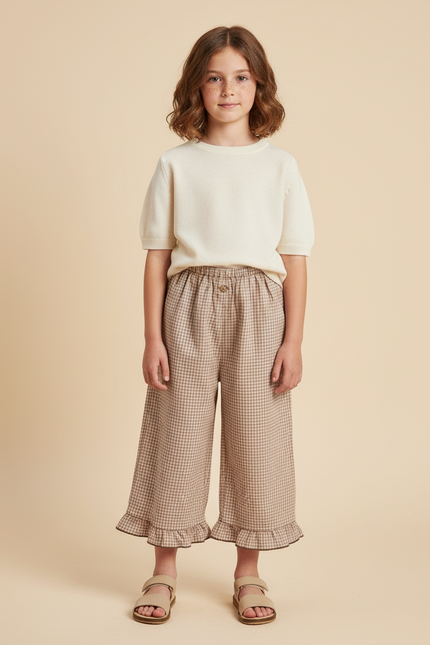 Pantalon Beige Vichy Ample Volants Coton Fille