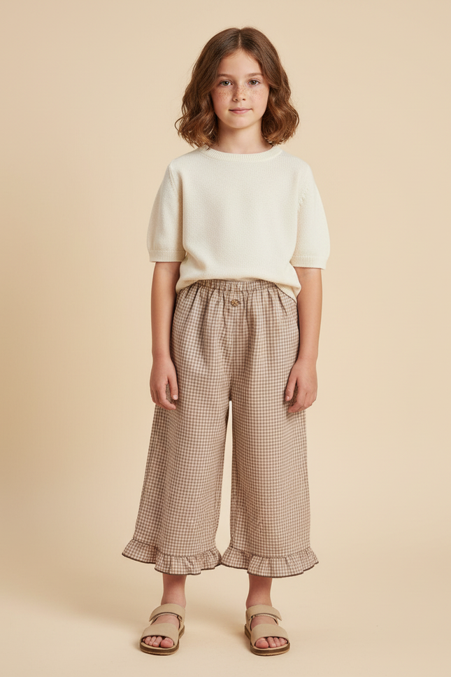 Pantalon Beige Vichy Ample Volants Coton Fille