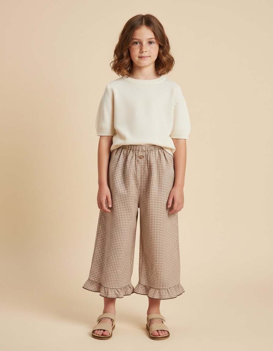 Pantalon Beige Vichy Ample Volants Coton Fille