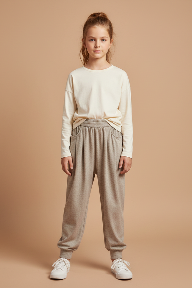 Pantalon Beige Ample Décontracté Élastique Fille - Molleton