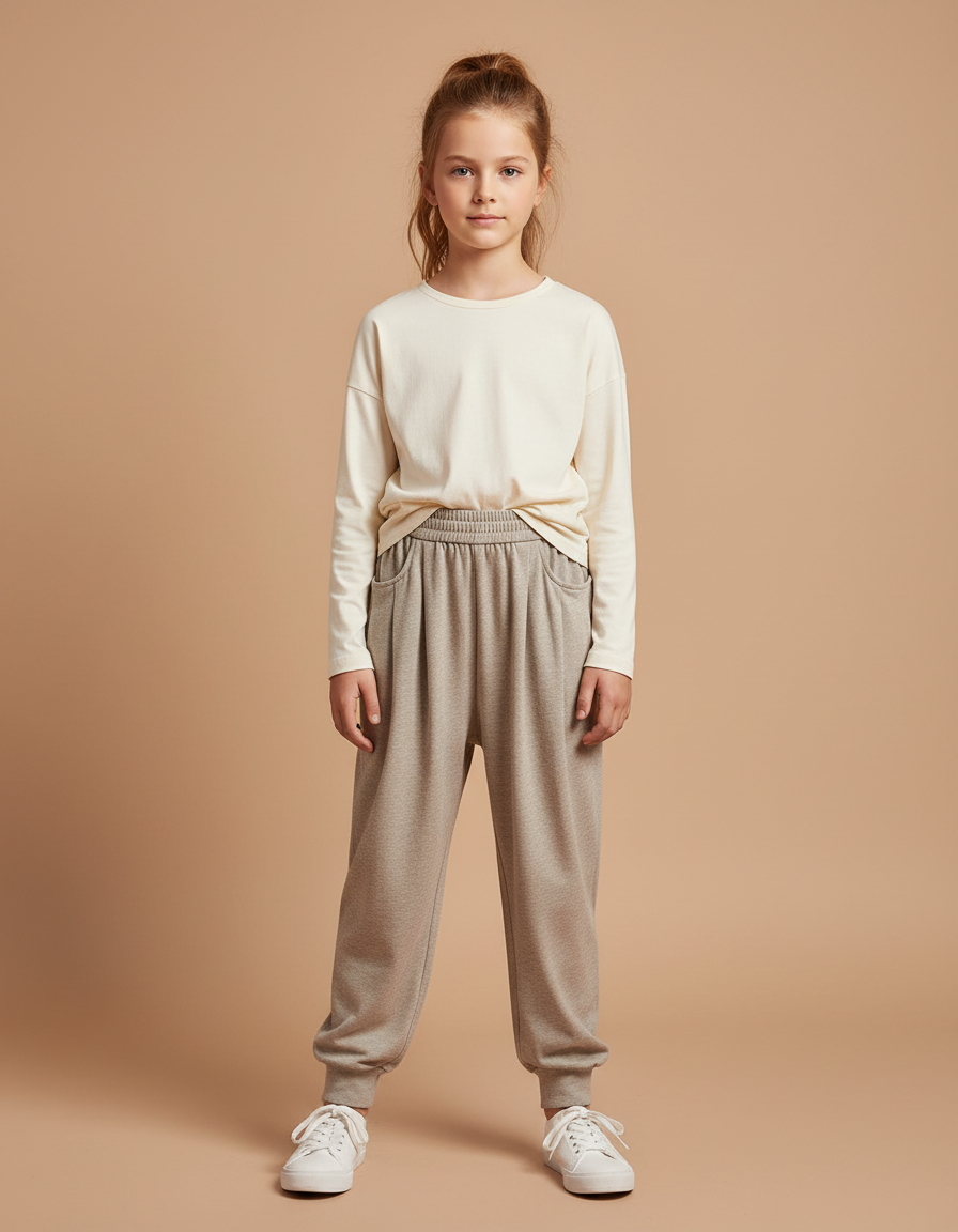 Pantalon Beige Ample Décontracté Élastique Fille - Molleton