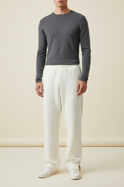 Pantalon Beige Ample Tricoté Décontracté Homme Câble - Maille