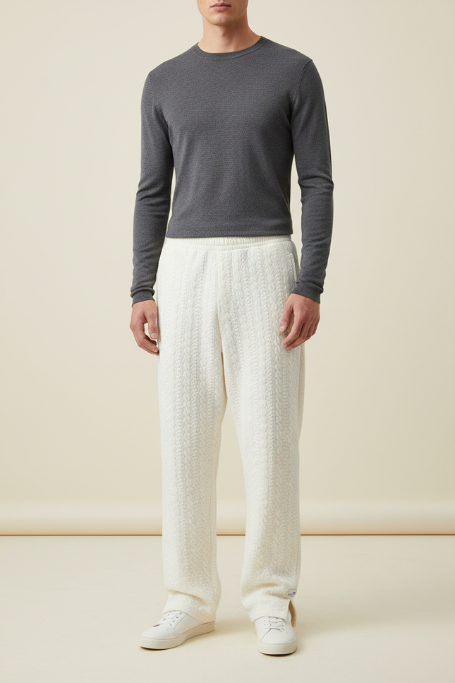 Pantalon Beige Ample Tricoté Décontracté Homme Câble - Maille