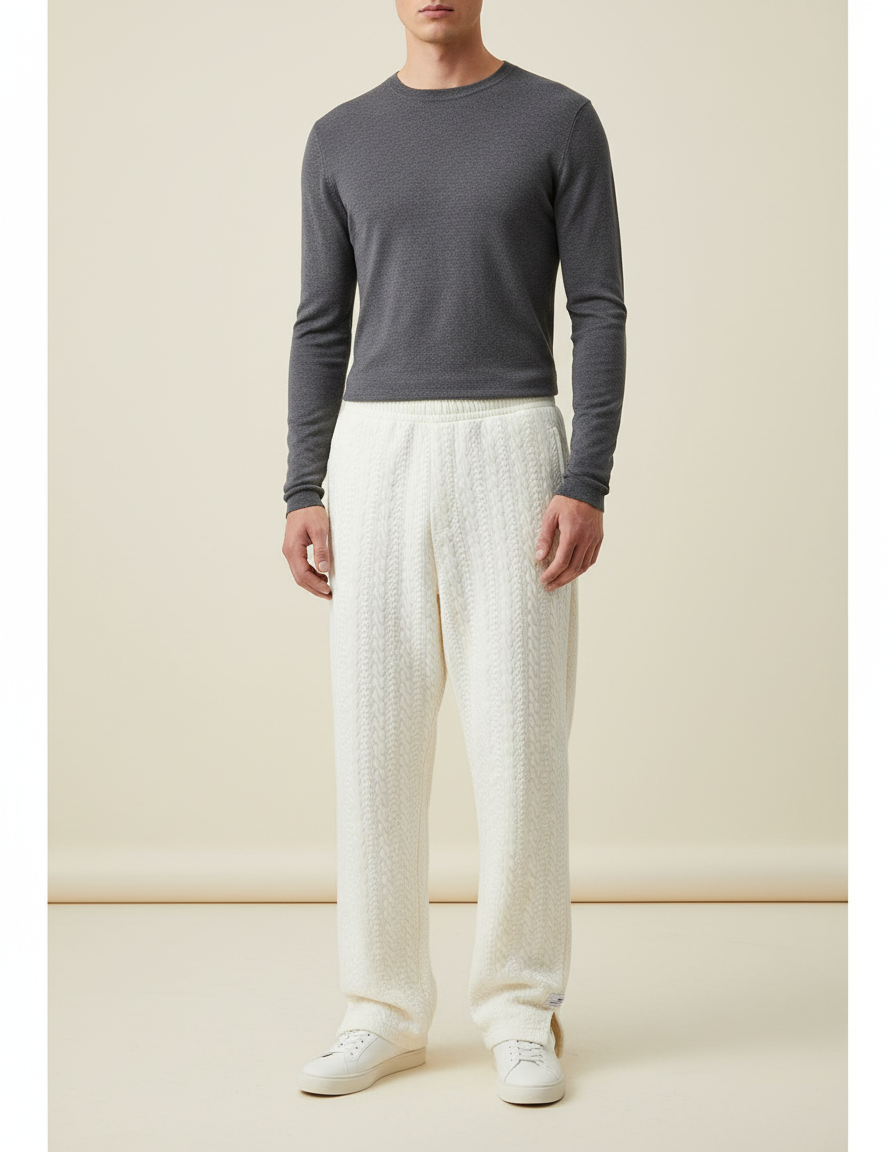 Pantalon Beige Ample Tricoté Décontracté Homme Câble - Maille