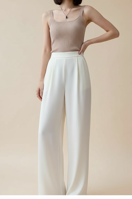 Pantalon Beige Fluide Satiné Ample Taille Haute - Blanc