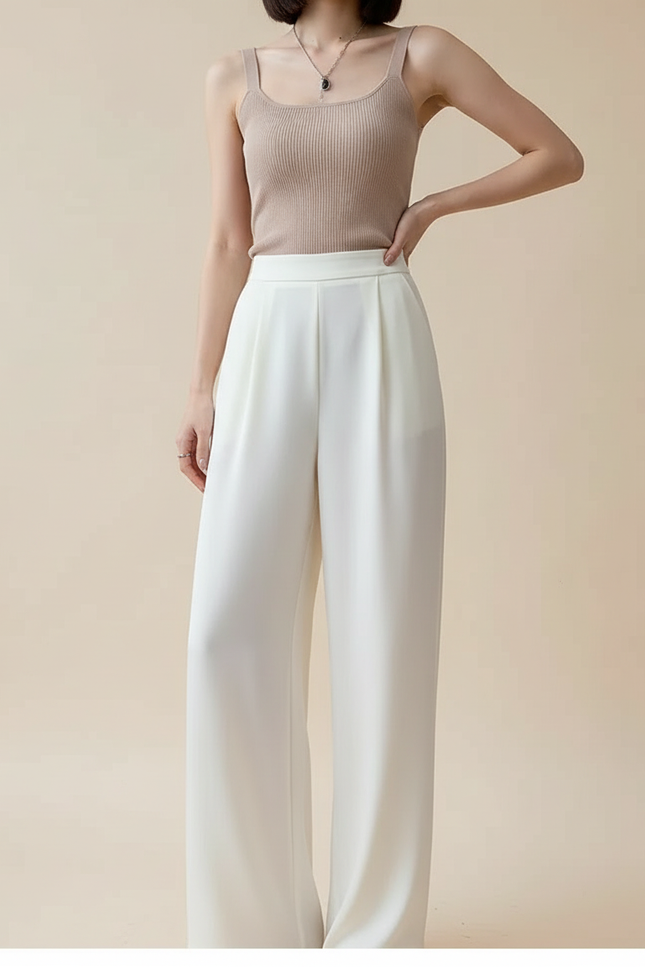 Pantalon Beige Fluide Satiné Ample Taille Haute - Blanc