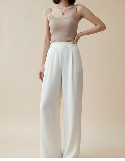 Pantalon Beige Fluide Satiné Ample Taille Haute - Blanc