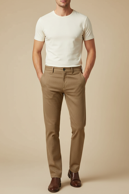 Pantalon Beige Slim Motif Discret Hiver Élégant - Camel Tweed