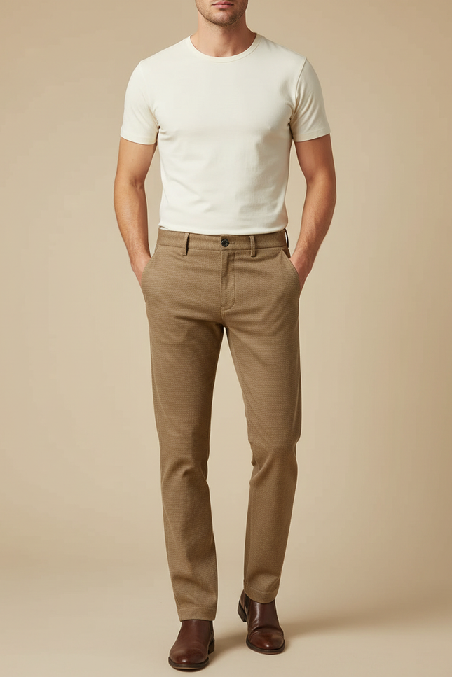 Pantalon Beige Slim Motif Discret Hiver Élégant - Camel Tweed