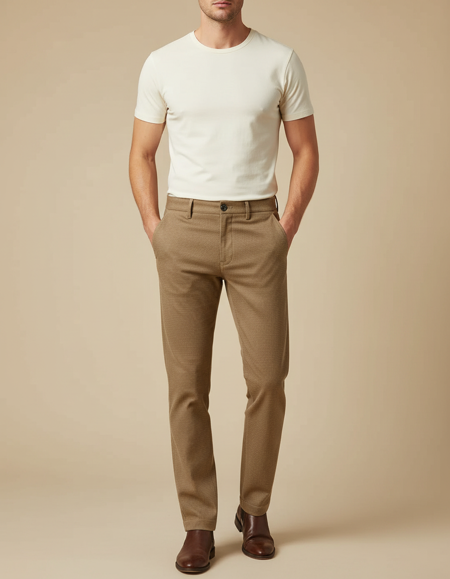 Pantalon Beige Slim Motif Discret Hiver Élégant - Camel Tweed