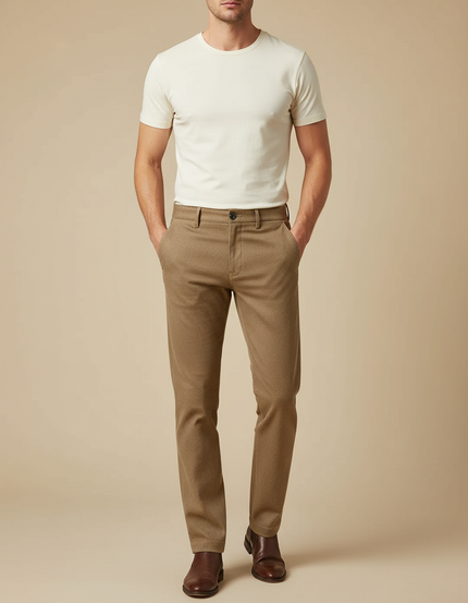 Pantalon Beige Slim Motif Discret Hiver Élégant - Camel Tweed