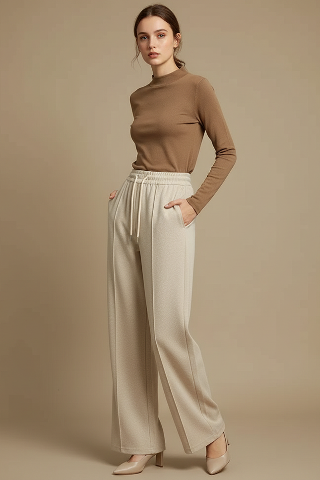 Pantalon Beige Large Fluide Cordon Élégant - Laine