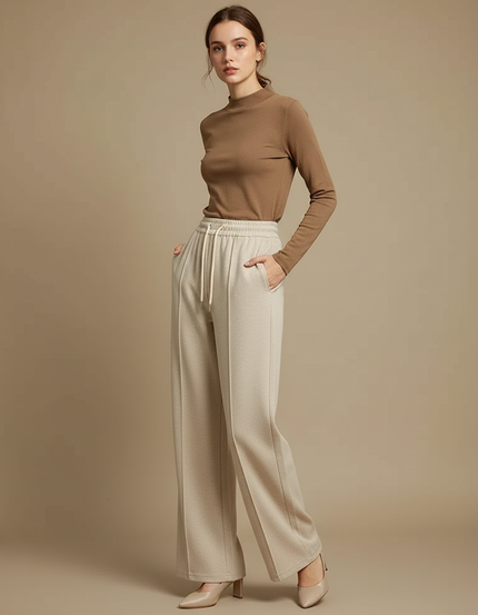 Pantalon Beige Large Fluide Cordon Élégant - Laine