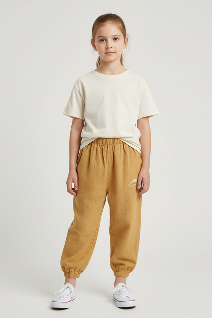 Pantalon Beige Coton Ample Unisexe Sportif Enfant - Camel Molleton