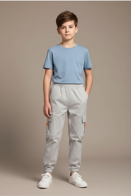 Pantalon Beige Cargo Enfant Coton Décontracté Multipoches - Gris