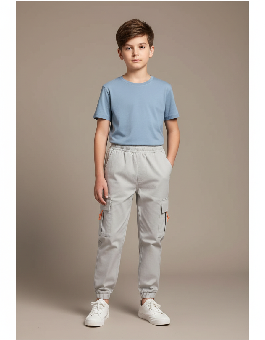 Pantalon Beige Cargo Enfant Coton Décontracté Multipoches - Gris