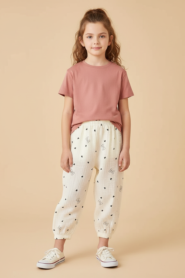 Pantalon Beige Gaze Coton Imprimé Cœurs Nœuds Fille