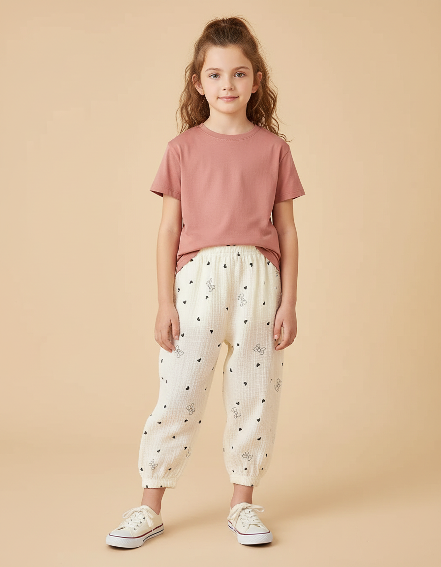 Pantalon Beige Gaze Coton Imprimé Cœurs Nœuds Fille