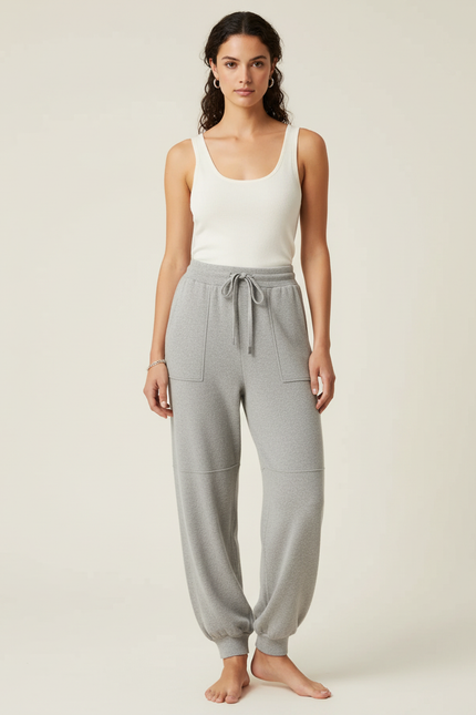 Pantalon Beige Tricoté Ample Cordon Décontracté - Gris Molleton