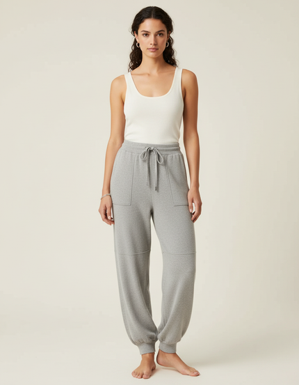 Pantalon Beige Tricoté Ample Cordon Décontracté - Gris Molleton