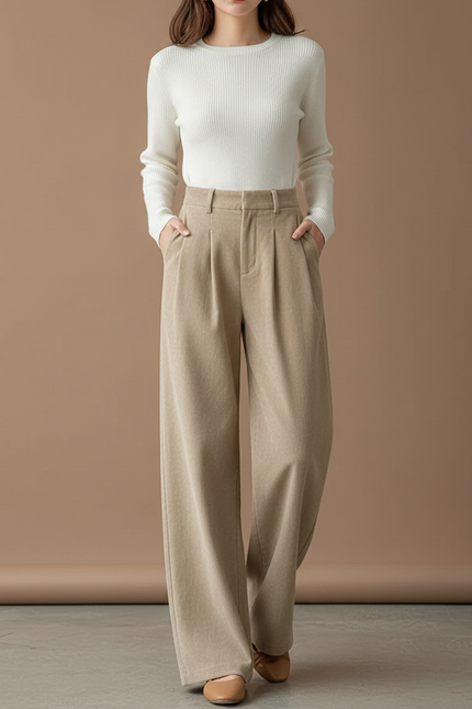 Pantalon Beige Côtelé Plissé Ample Femme - Maille