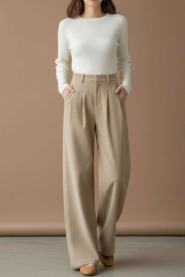 Pantalon Beige Côtelé Plissé Ample Femme - Maille