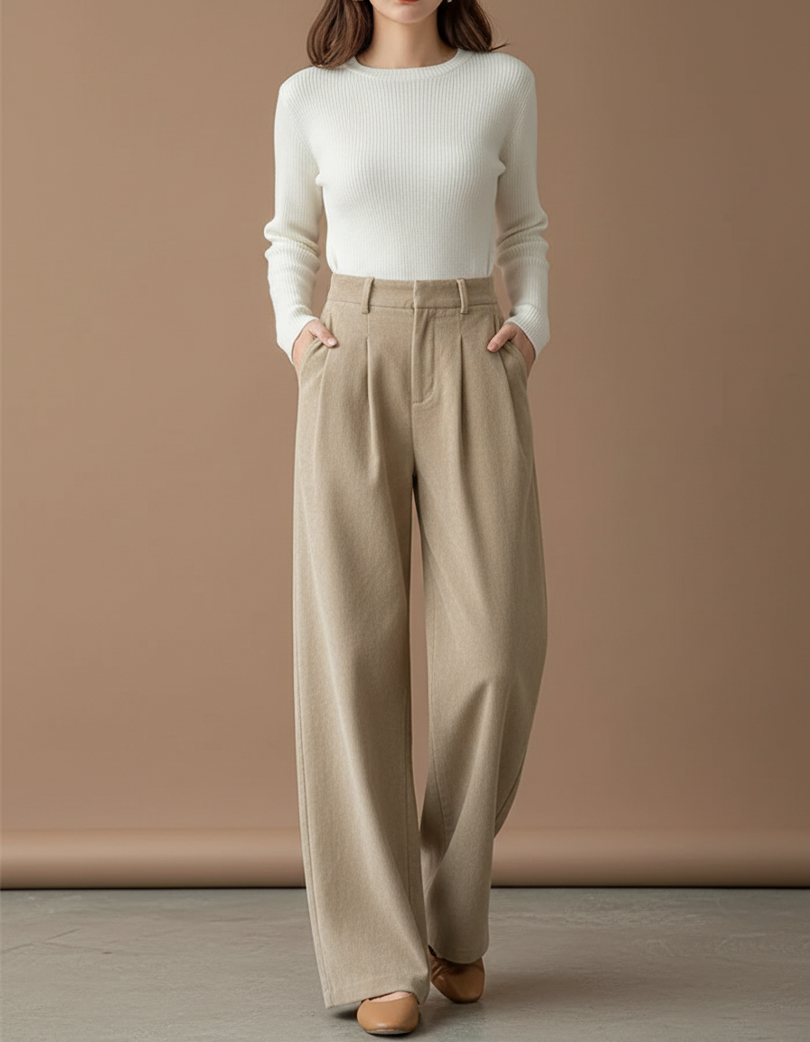 Pantalon Beige Côtelé Plissé Ample Femme - Maille