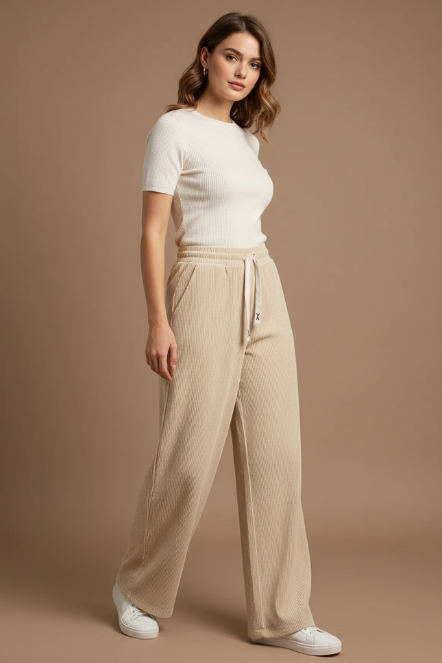 Pantalon Beige Côtelé Ample Confortable Femme - Cordé
