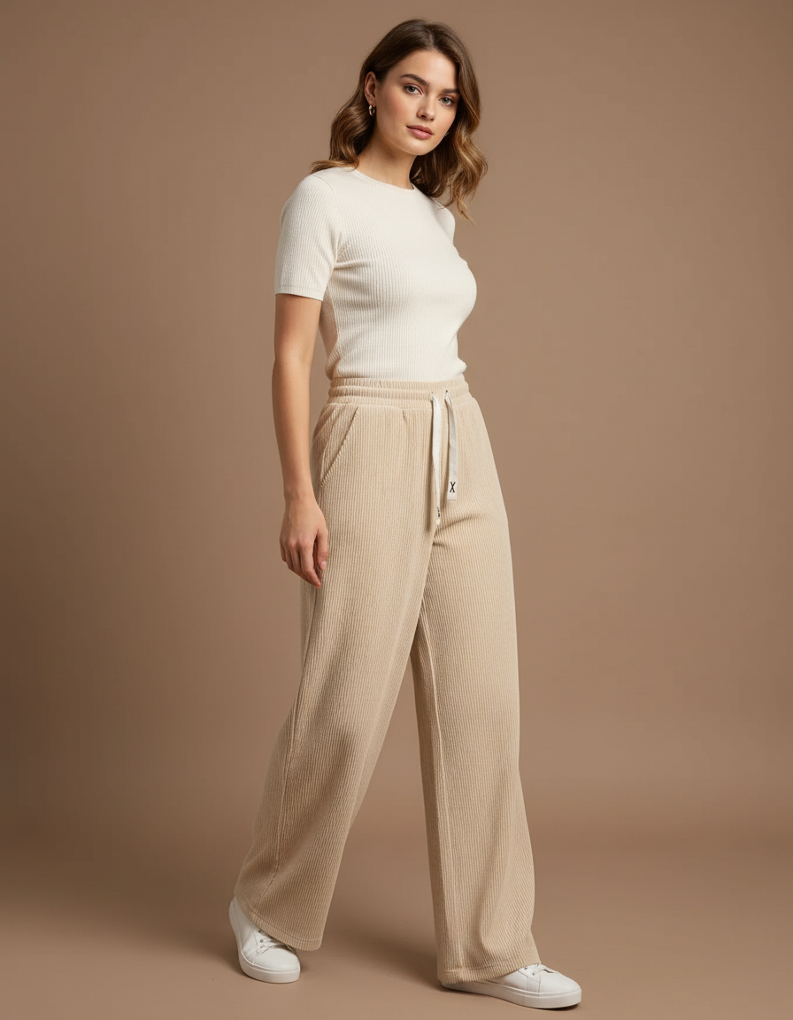 Pantalon Beige Côtelé Ample Confortable Femme - Cordé