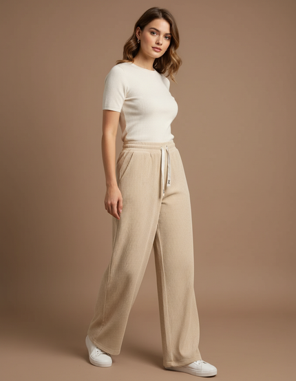 Pantalon Beige Côtelé Ample Confortable Femme - Cordé