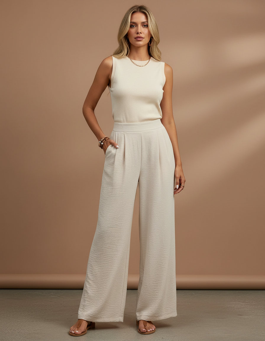 Pantalon Beige Fluide Plissé Ample Décontracté Femme - Polyester